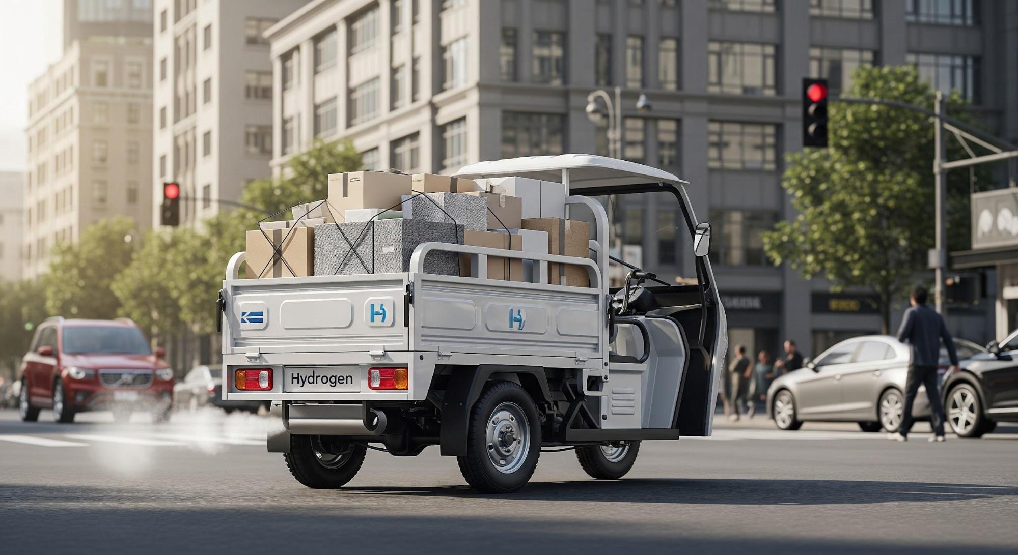  Hydrogen-powered 3-wheeler cargo vehicle operating on an urban delivery route. 