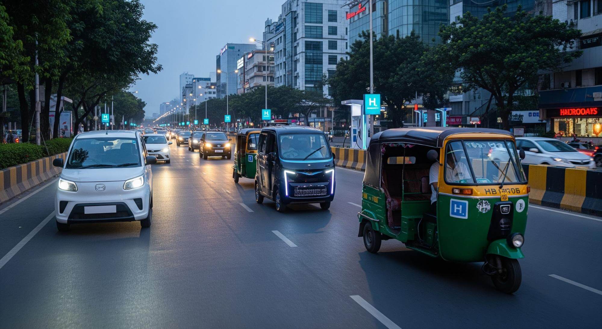 Hydrogen-powered auto rickshaws and light fleet vehicles running efficiently in the city, showing longer hours, predictable costs, and lower emissions.
            
    