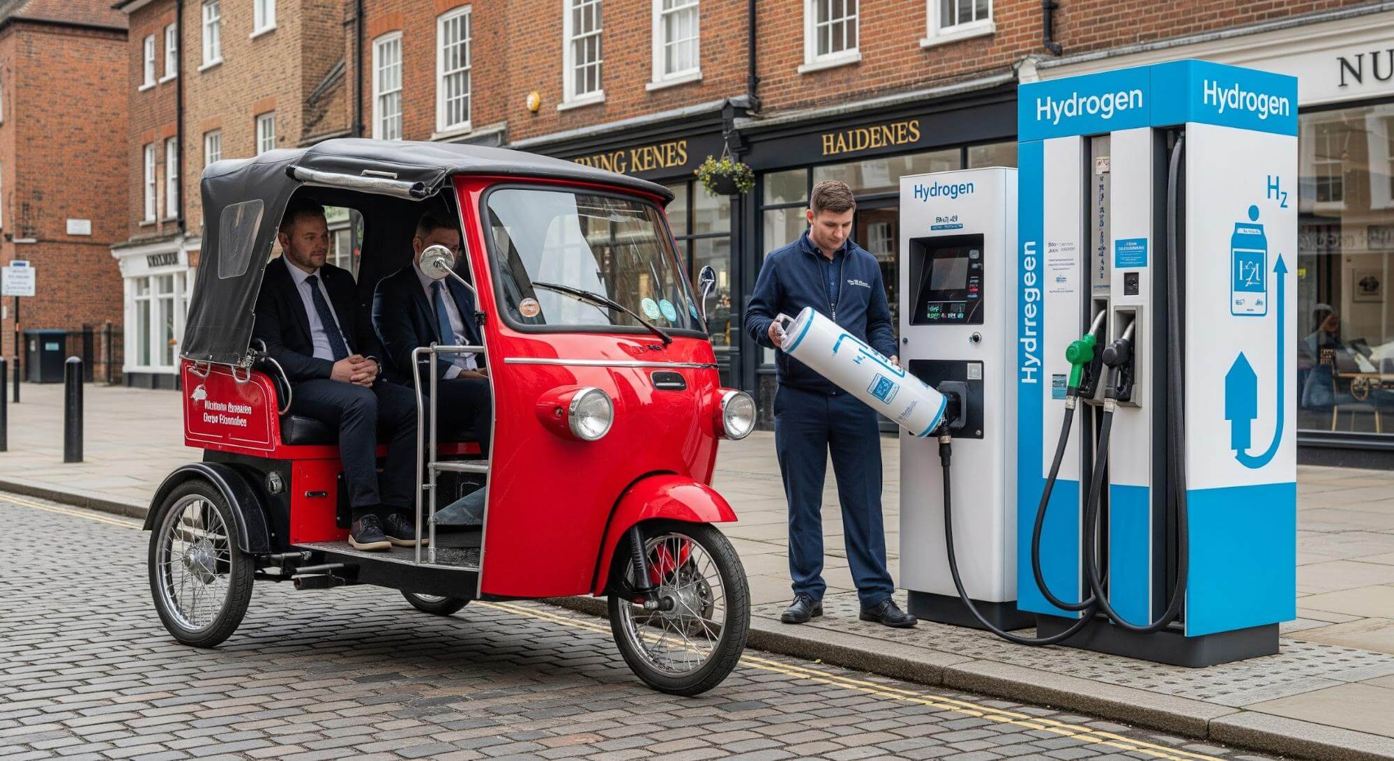 Hydrogen-powered auto rickshaw refueling at a swappable hydrogen cartridge station in minutes for fast, efficient urban mobility.

            