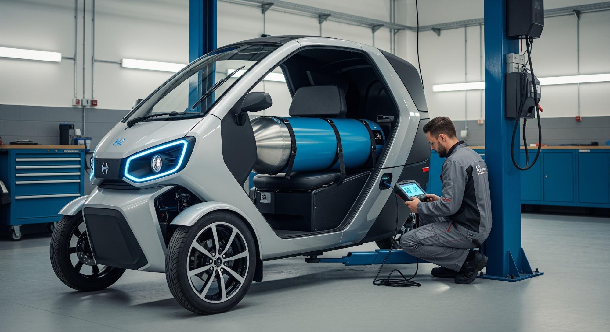 Technician checking safety sensors on a hydrogen fuel cell vehicle.
                