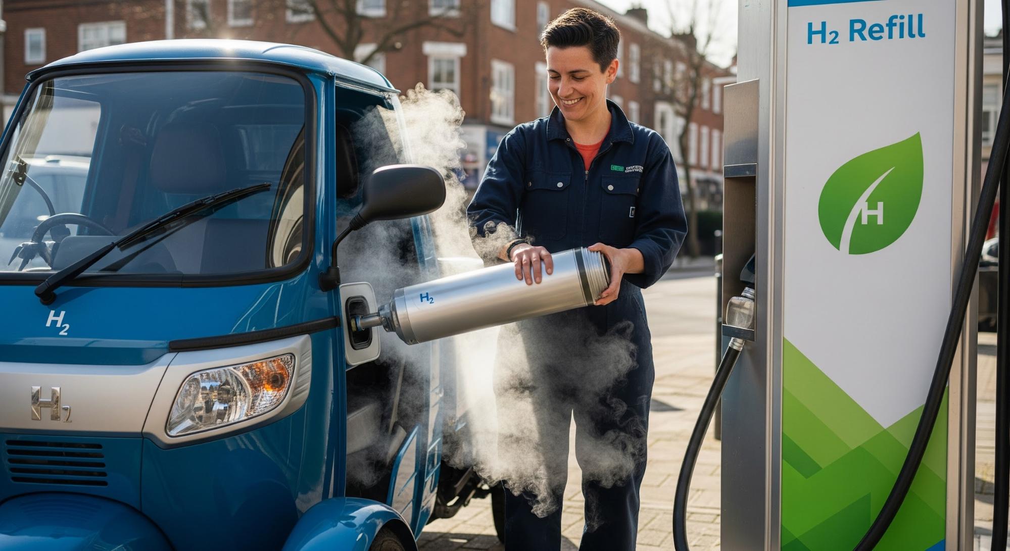 A three-wheeler driver performing a quick hydrogen cartridge swap at a small neighborhood refill point, friendly expression, natural lighting, clean vehicle design, zero-emission vapor visible.   
                    